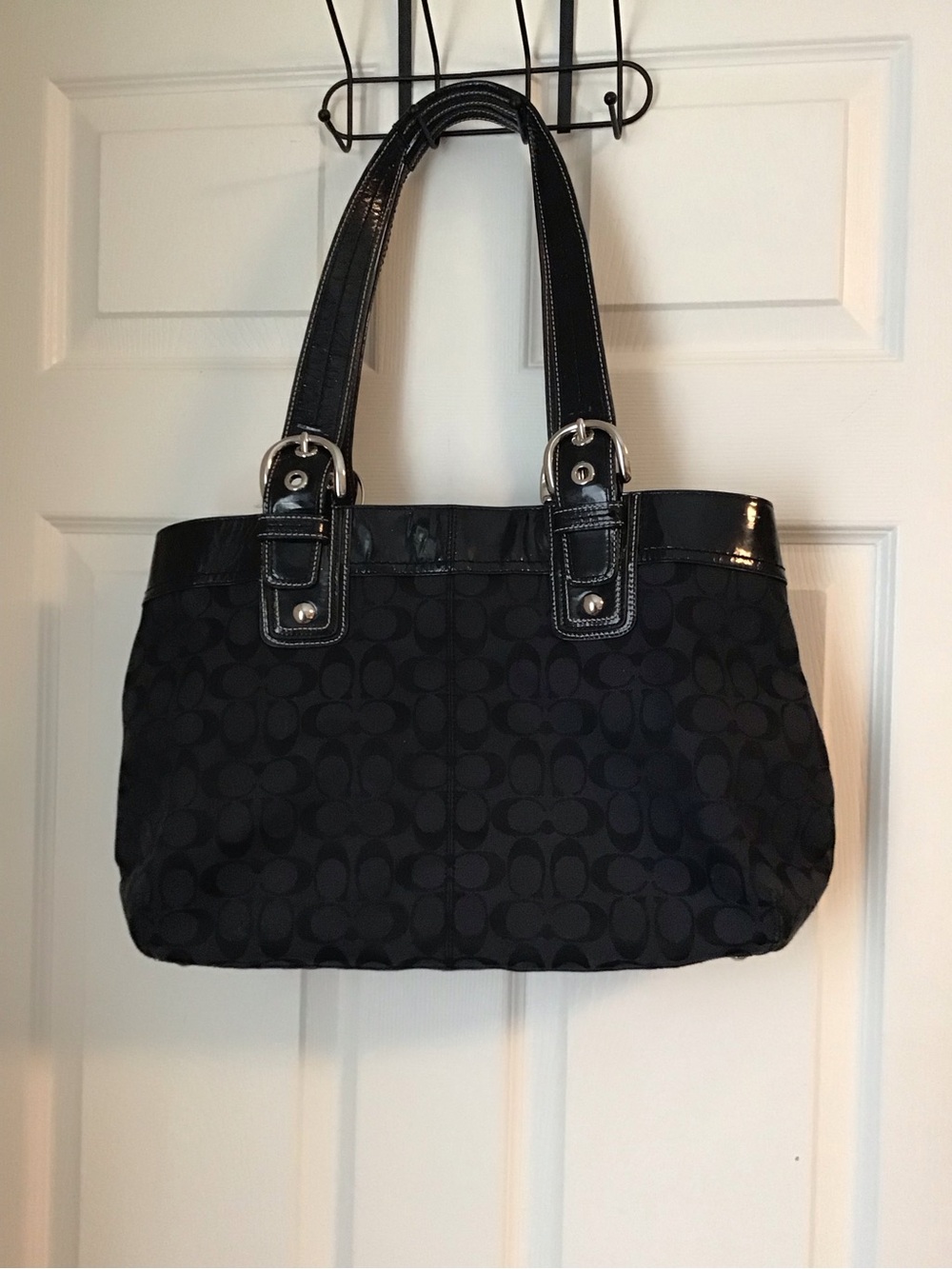 Coach Black Signature Jacquard Shoulder Bag with Patent Trim